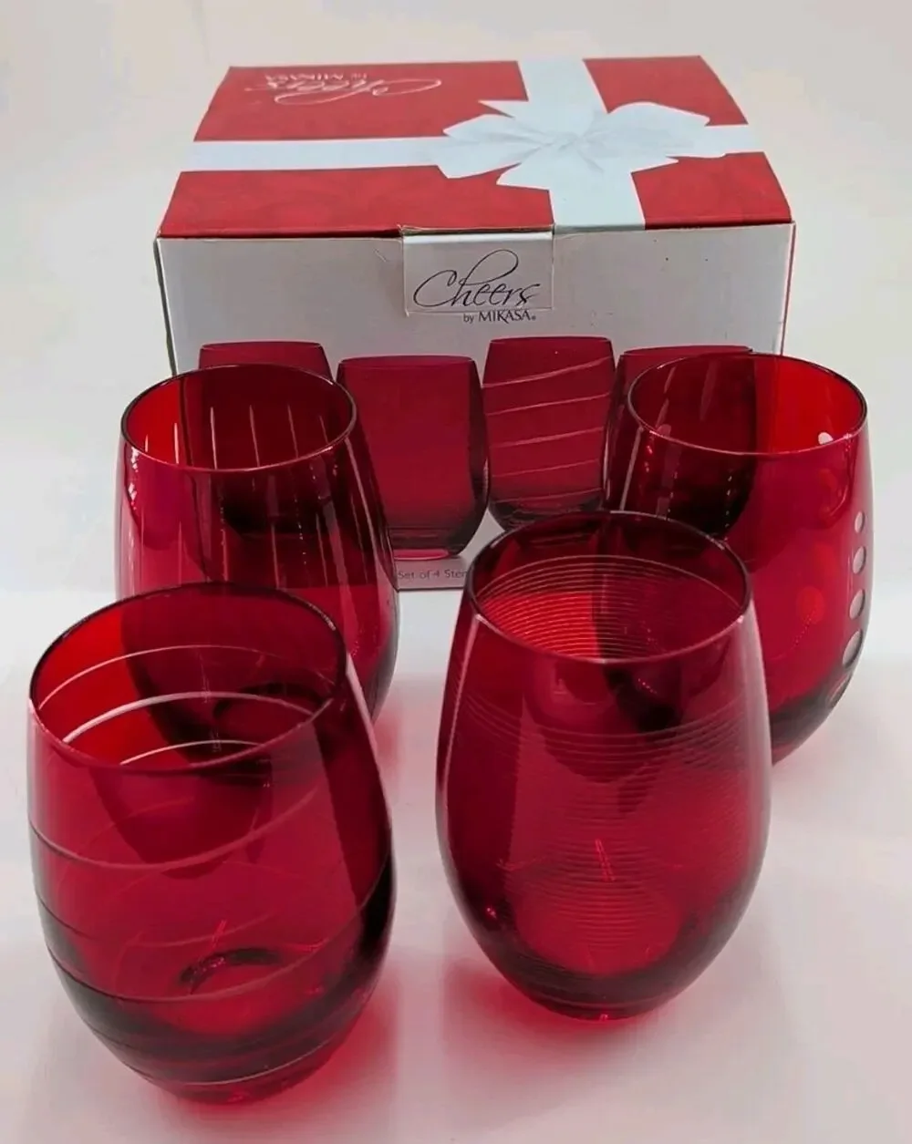 Mikasa Cheers Ruby Red Stemless 5 Inch Wine Glasses (Set Of 4) 16.5 Oz Each